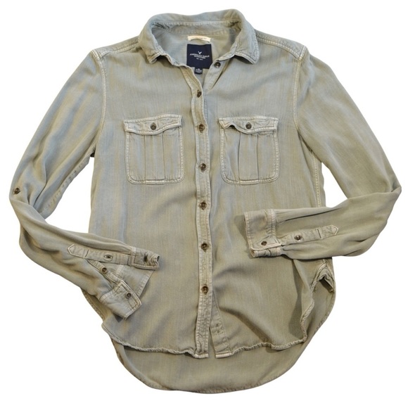 AEO Boyfriend Fit Soft Light Pale Green Roll Tab Sleeve Blouse, Size XS - Picture 1 of 13
